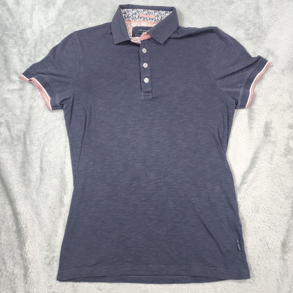 Ted Baker Polo Shirt Womens Size 2 Navy Blue Pink Trim Short Sleeve Casual Modal